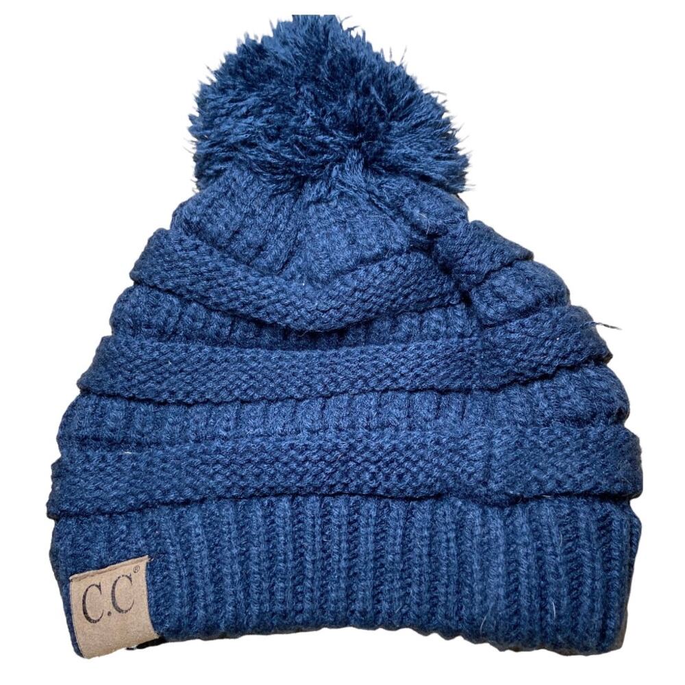 C.C. Beanie Hat 100% Acrylic Stretch Chunky Cable Knitted Pompoms Blue One Size